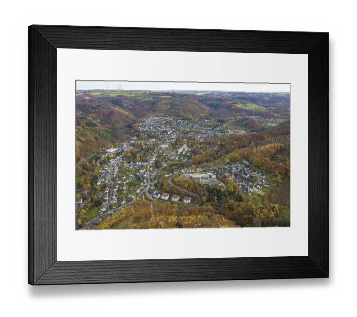 Framed Print : Aerial view, wooded hilly landscape in autumn colors Framed Print : Aerial view, wooded hilly landscape in autumn colors
