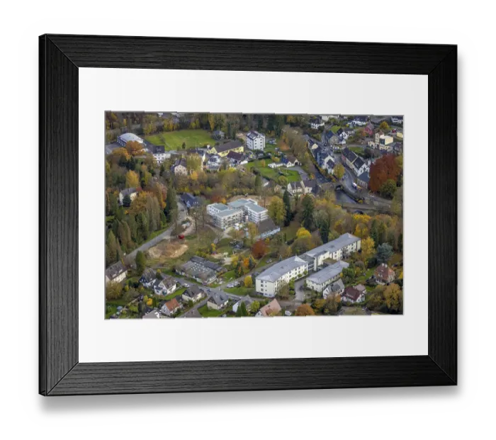 Framed Print : Aerial view, construction site with new apartment building Living for generations on RibbertstraBe next to