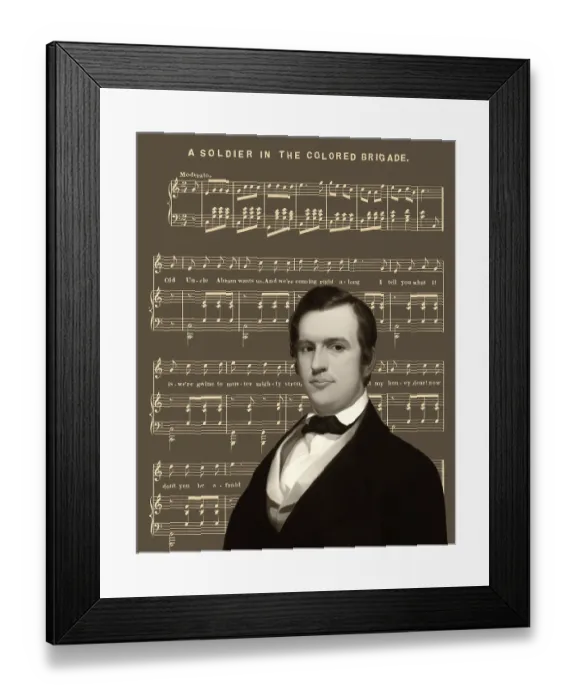 Framed Print : Portrait of Stephen Collins Foster with the sheet music of his minstrel song A soldier in the colored brigade