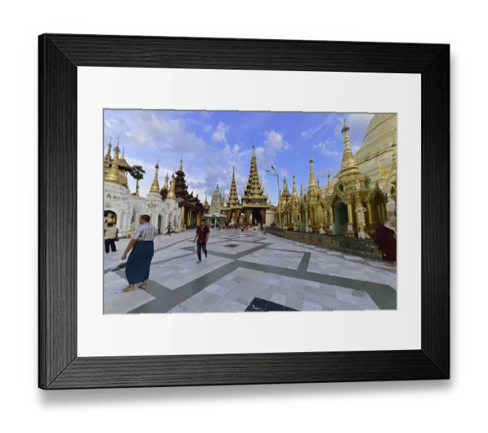 Framed Print : People walk on a sprawling square with pagodas and golden jewelry