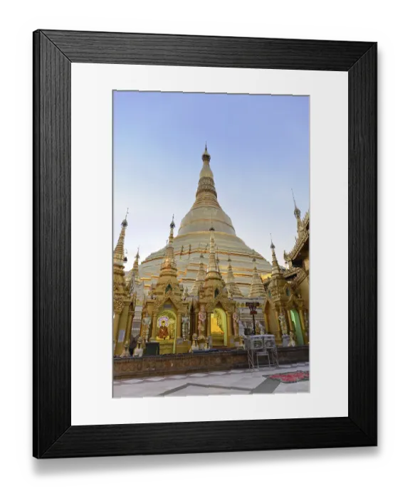 Framed Print : Detailed golden towers of a pagoda under clear sky
