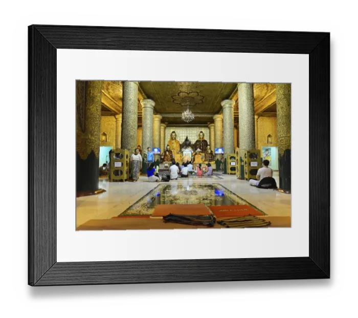 Framed Print : Group of people meditating in richly decorated temple room with pillars Framed Print : Group of people meditating in richly decorated temple room with pillars