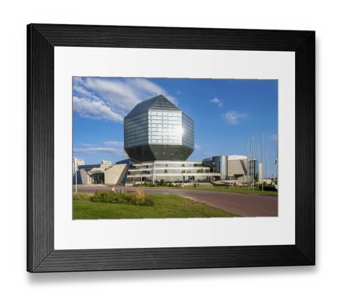 Framed Print : Minsk, Belarus - 08.16.24. The National Library of Belarus against a blue sky