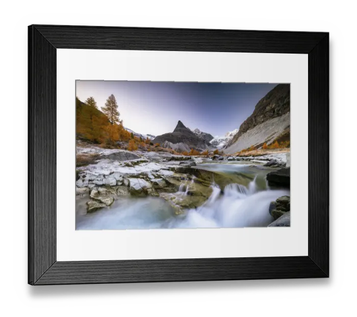 Framed Print : Mountain stream with autumnal larches and mountain views Framed Print : Mountain stream with autumnal larches and mountain views