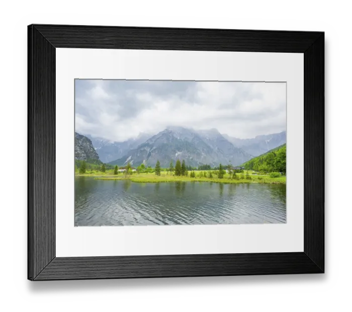 Framed Print : Landscape of Lake Almsee on a rainy day in spring
