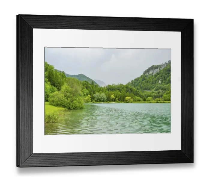 Framed Print : Landscape of Lake Elisabethsee on a rainy day in spring