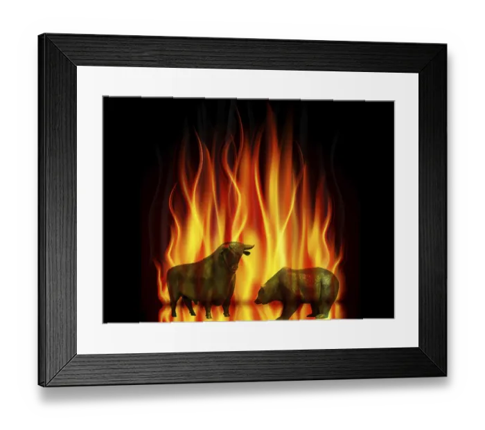 Framed Print : The stock market is burning, bull and bear in flames