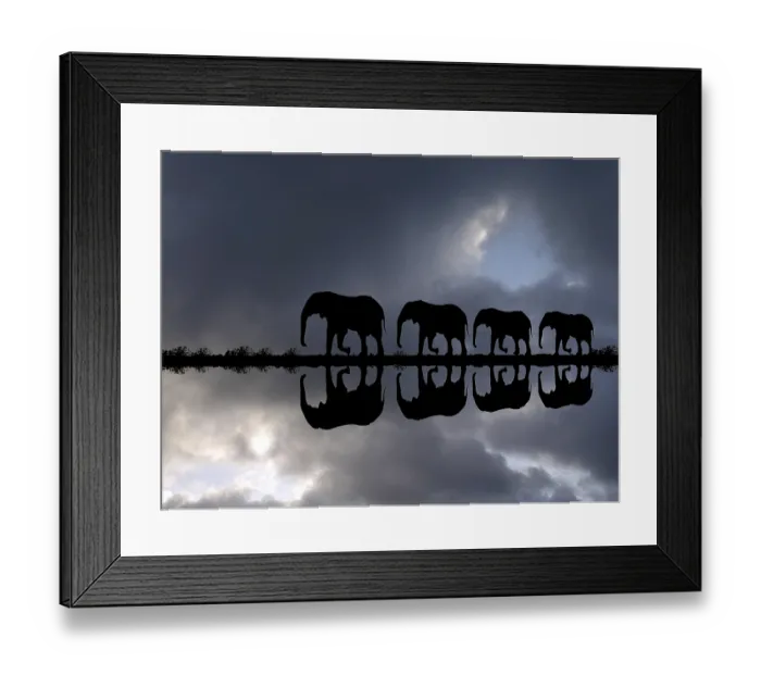 Framed Print : Elephant family reflected in the water during a thunderstorm Framed Print : Elephant family reflected in the water during a thunderstorm