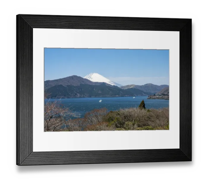 Framed Print : View of Lake Ashi with Mount Fuji volcano