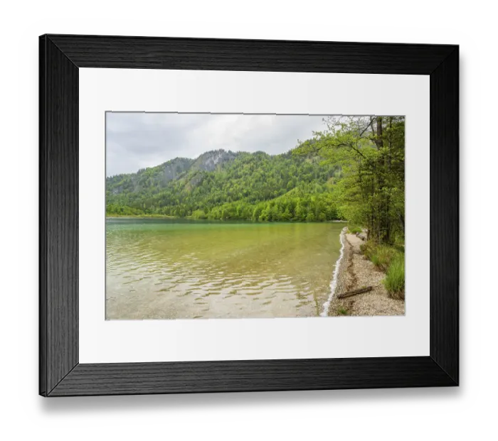 Framed Print : Landscape of Lake Offensee on a rainy day in spring