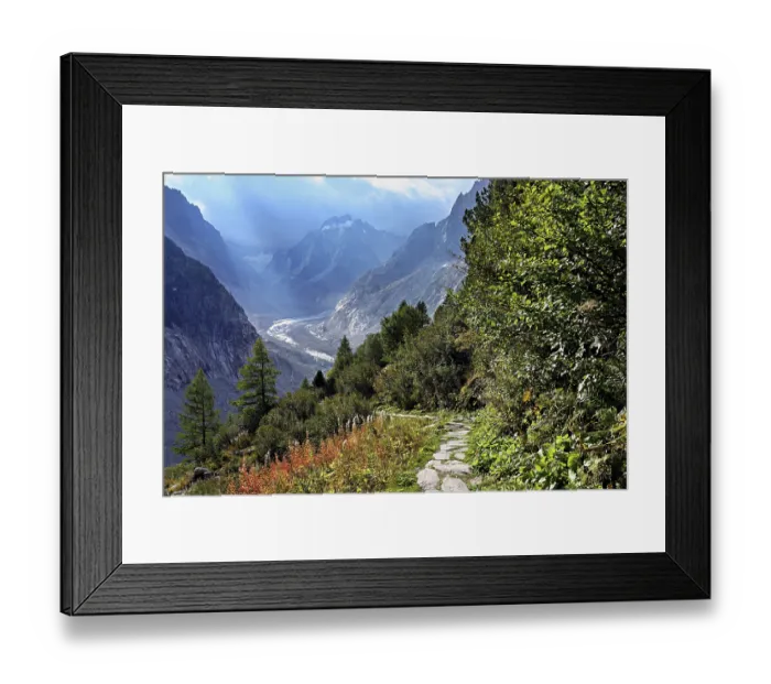 Framed Print : Hiking trail in autumn-colored surroundings with the Mer de Glace glacier Framed Print : Hiking trail in autumn-colored surroundings with the Mer de Glace glacier