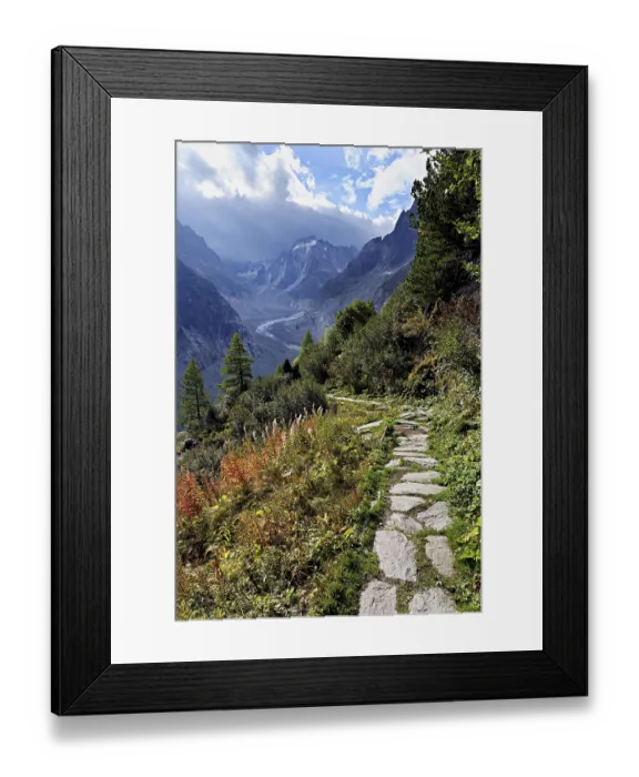 Framed Print : Hiking trail in autumn-colored surroundings with the Mer de Glace glacier