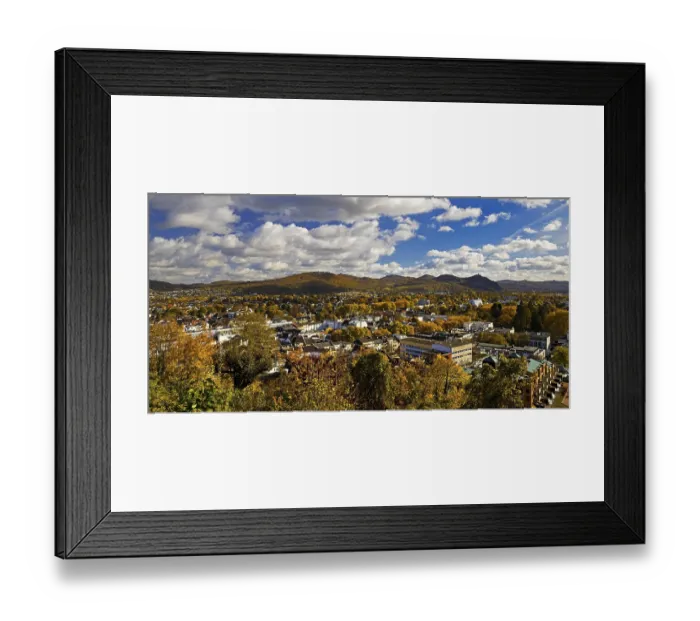 Framed Print : View of the Bad Godesberg district from Godesburg in autumn towards Siebengebirge