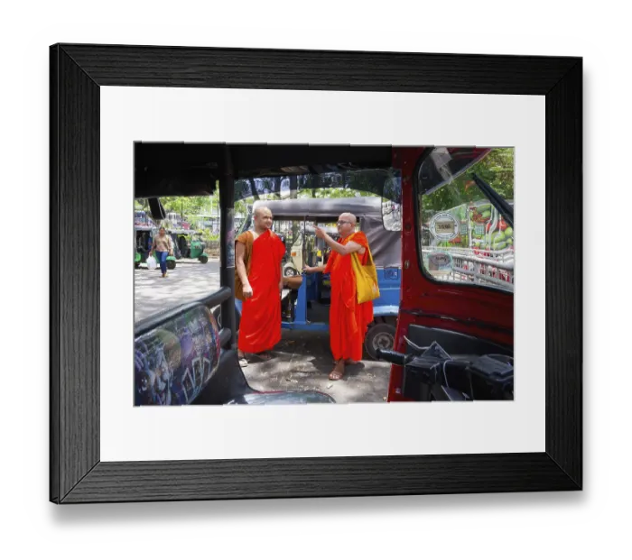 Framed Print : Buddhist monks talking near a tuk-tuk