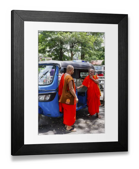 Framed Print : Buddhist monks talking near a tuk-tuk