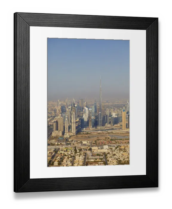Framed Print : Aerial view of the city with the Burj Khalifa seen from the helicopter