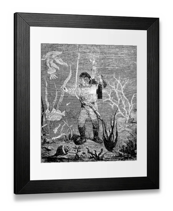 Framed Print : Diver on the seabed, depth, diving suit