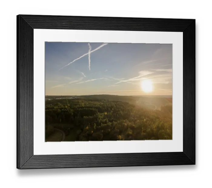 Framed Print : Aerial Sunset over the Black Forest near Haiterbach - Golden Hour Woodland Panorama