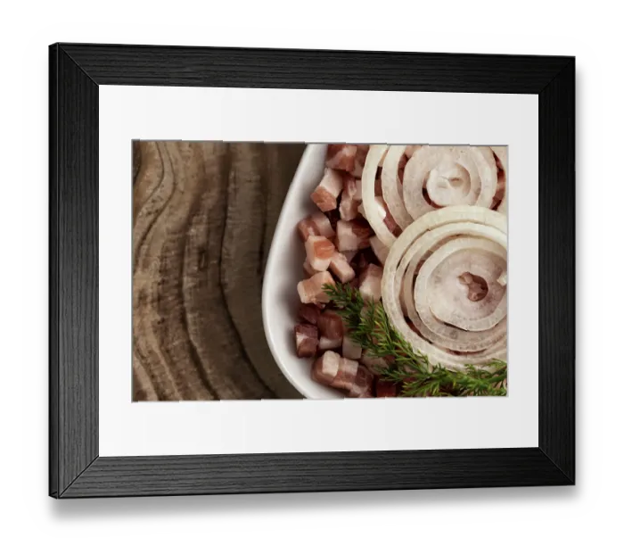 Framed Print : Italian pancetta, bacon cubes, diced ham Framed Print : Italian pancetta, bacon cubes, diced ham