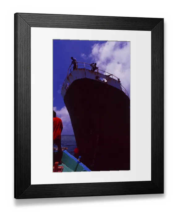 Framed Print : Maldives: Dhoni on the bow of a cargo ship Framed Print : Maldives: Dhoni on the bow of a cargo ship