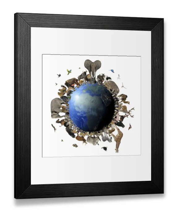 Framed Print : Diverse wild animals encircle the earth