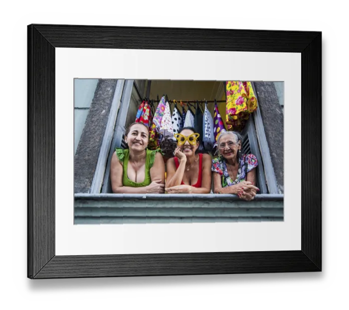 Framed Print : Three women looking out of a window in Lapa