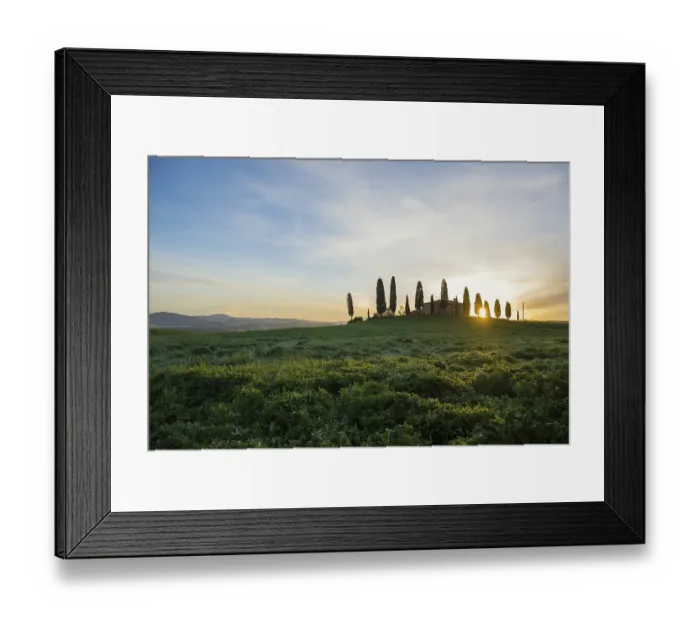 Framed Print : Farm with cypress trees, sunrise