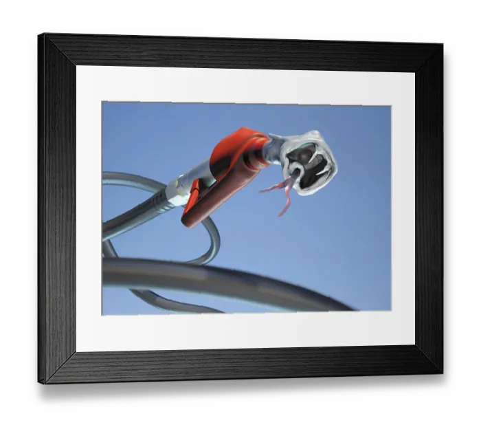 Framed Print : Snappish petrol nozzle with the mouth of a snake