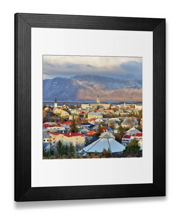 Framed Print : Cityscape, Reykjavik and Faxafloi Bay in the evening