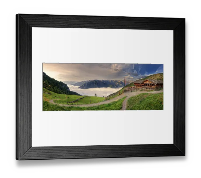 Framed Print : Panorama Dalfaz Alm at sunrise with fog in the valley above the Achensee