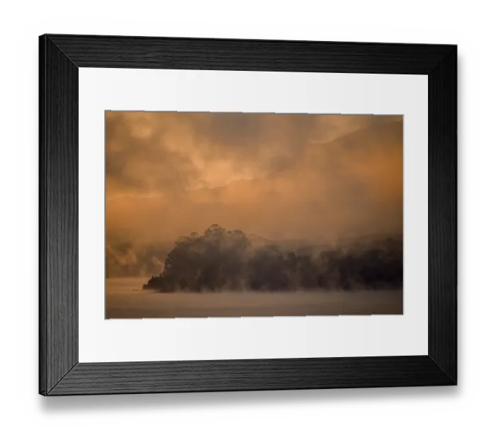 Framed Print : Sunrise over trees with fog at Lago Llanquihue