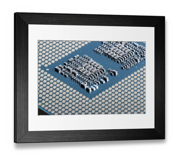 Framed Print : Macro image of the microchips of a modern processor