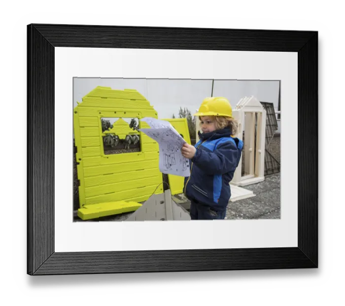 Framed Print : Little boy, 3 years, with toy hard hat