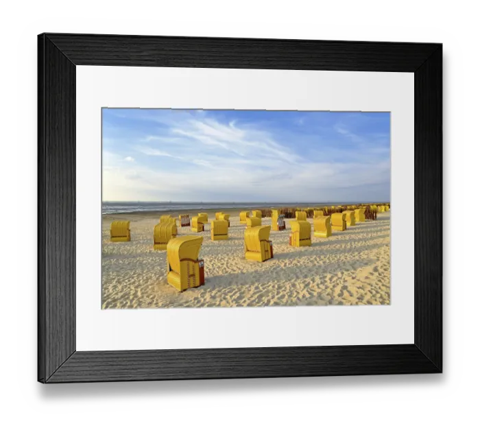 Framed Print : Yellow beach chairs in the evening light at the beach of Cuxhaven-Dose Framed Print : Yellow beach chairs in the evening light at the beach of Cuxhaven-Dose