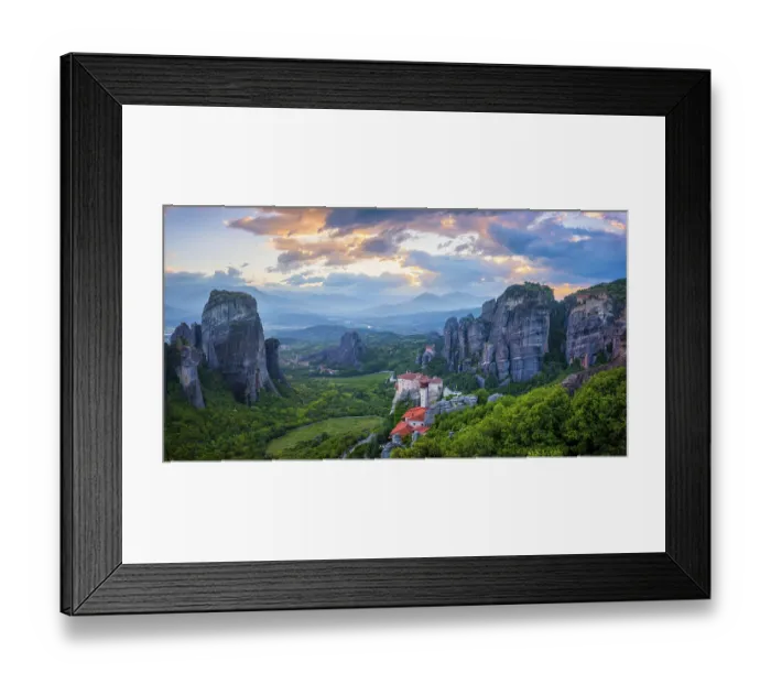Framed Print : Sunset sky and monastery of Rousanou and Monastery of St Framed Print : Sunset sky and monastery of Rousanou and Monastery of St