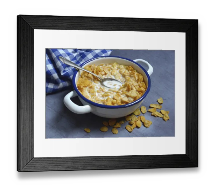 Framed Print : Cornflakes with milk in bowl, breakfast Framed Print : Cornflakes with milk in bowl, breakfast