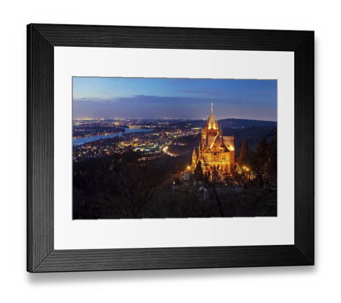 Framed Print : Illuminated Drachenburg Castle above the Rhine Valley in the evening