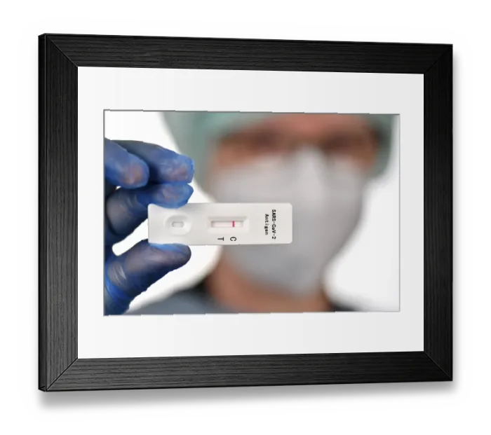 Framed Print : Medical staff shows negative antigen rapid test