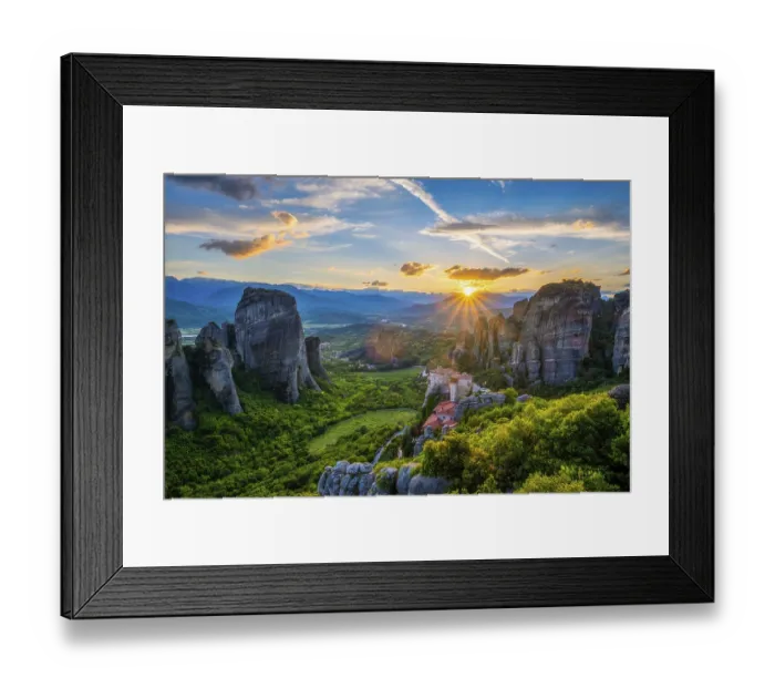 Framed Print : Sunset over monastery of Rousanou and Monastery of St Framed Print : Sunset over monastery of Rousanou and Monastery of St