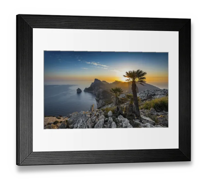 Framed Print : Sunrise, palm in front of Cap Formentor