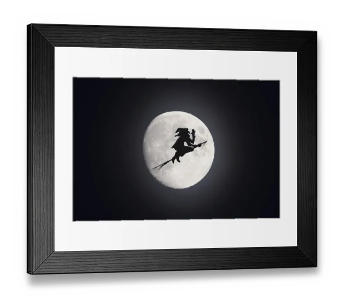 Framed Print : Witch as weather vane, silhouette in front of full mooen