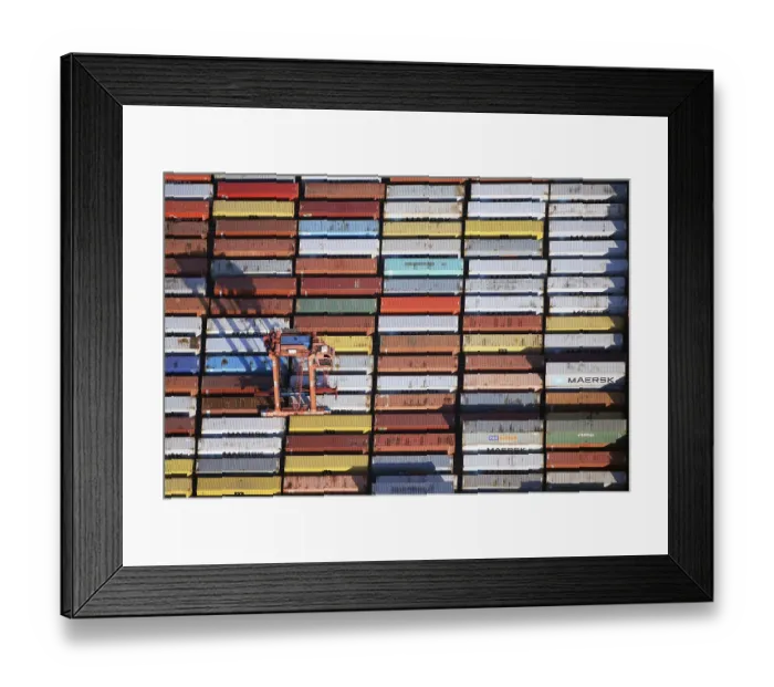 Framed Print : Aerial view, Portal pallet truck transports containers at Burchardkai Framed Print : Aerial view, Portal pallet truck transports containers at Burchardkai