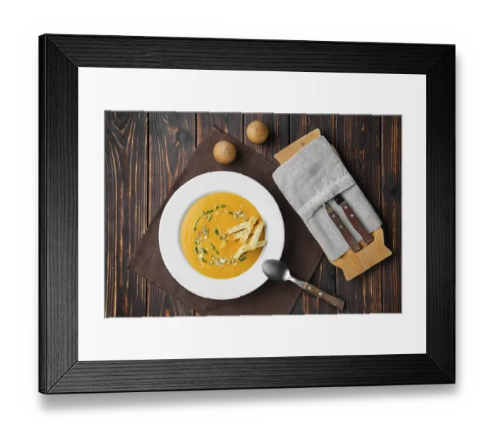 Framed Print : Overhead view of aubergine soup puree with pumpkin seed and crouton