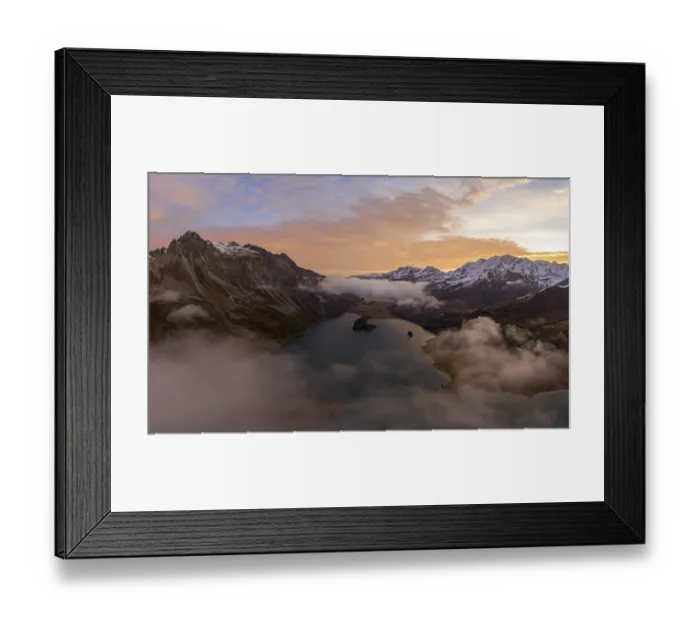 Framed Print : Aerial view over the fog and Lake Sils shortly in front of sunrise in autumn