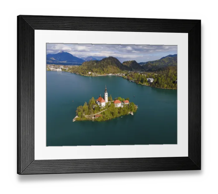 Framed Print : Drone shot, Bled Island with St Framed Print : Drone shot, Bled Island with St