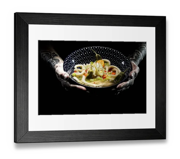 Framed Print : Tattooed hands hold plate with udon bowl Framed Print : Tattooed hands hold plate with udon bowl
