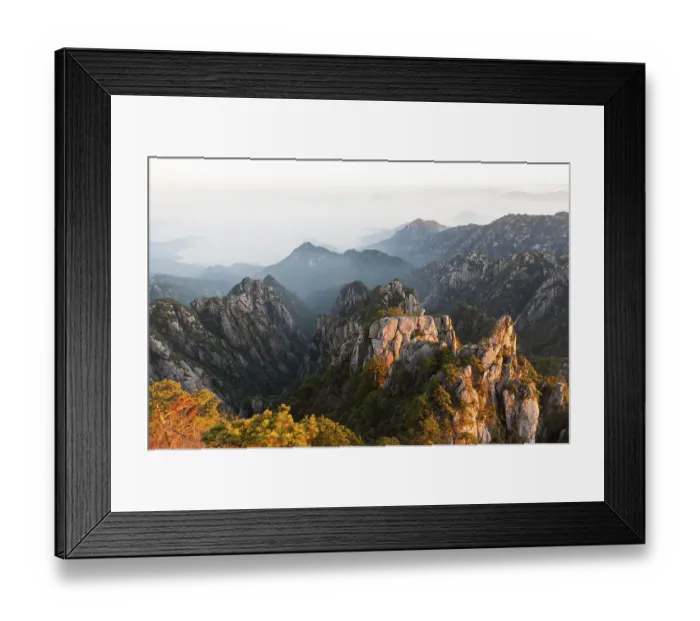 Framed Print : Morning atmosphere, fog, bizarre towering rocks and mountains covered with scattered trees Framed Print : Morning atmosphere, fog, bizarre towering rocks and mountains covered with scattered trees