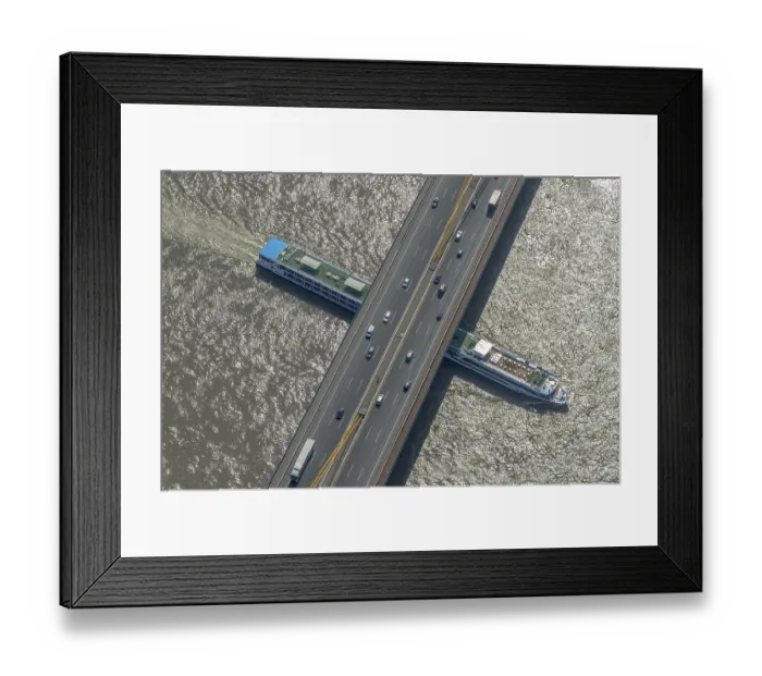 Framed Print : Aerial view, cruise ship on the Rhine underneath the Rhine bridge of motorway A42
