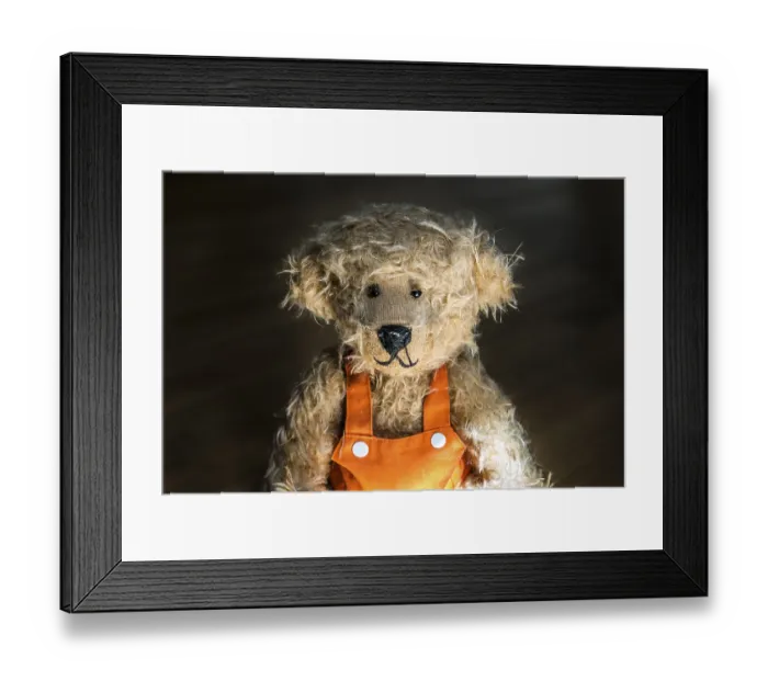 Framed Print : Light brown teddy bear, with orange overalls Framed Print : Light brown teddy bear, with orange overalls