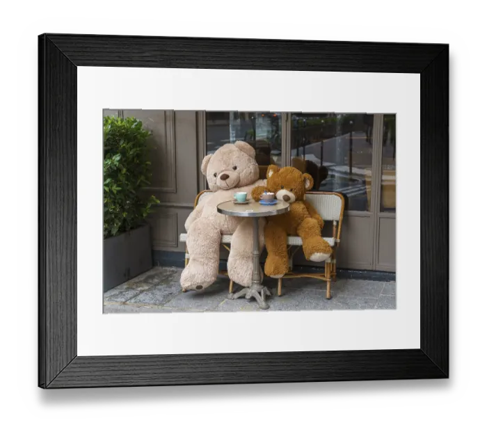 Framed Print : Teddy bears sitting at the table in Cafe Saint Honore Framed Print : Teddy bears sitting at the table in Cafe Saint Honore